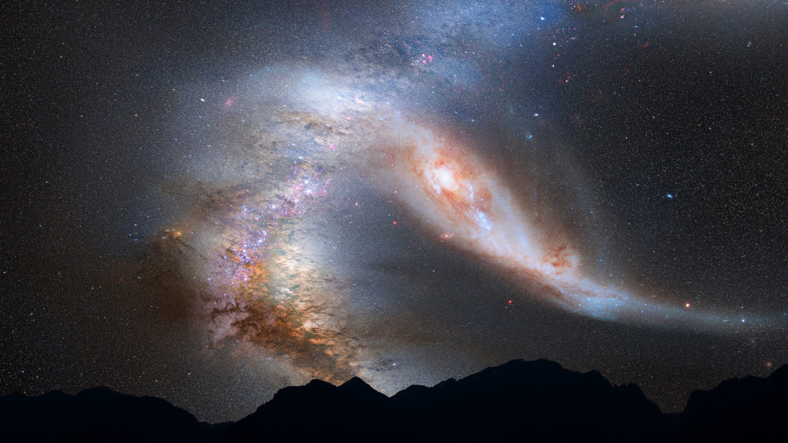 milky way and andromeda galaxies colliding in night sky illustration