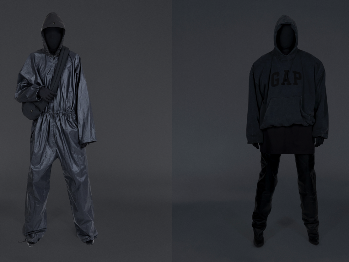 Two looks from Ye's collaboration with Gap, both on off-black backgrounds worn by people or mannequins with their faces blocked out. The left one is a shiny bodysuit with a hood. The right look is a black hoodie with the "Gap" logo on it in another shade of black.