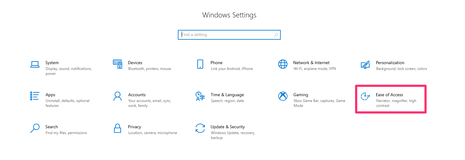 Screenshot of the Settings app with the Ease of Access submenu option highlighted.