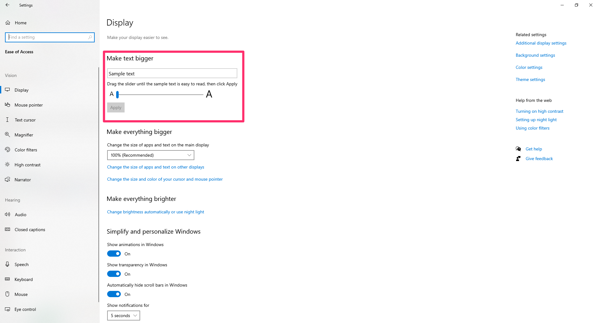 Screenshot of the display accessibility options with the font size slider and “apply” button highlighted.