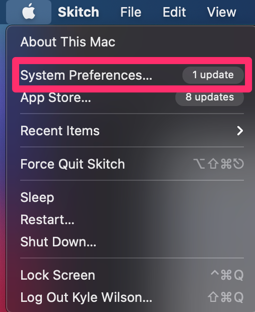 Screenshot of Apple menu with the System Preferences option highlighted.