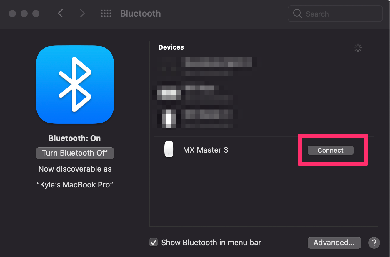 Screenshot of the Bluetooth menu with the connect option on a Bluetooth mouse highlighted.