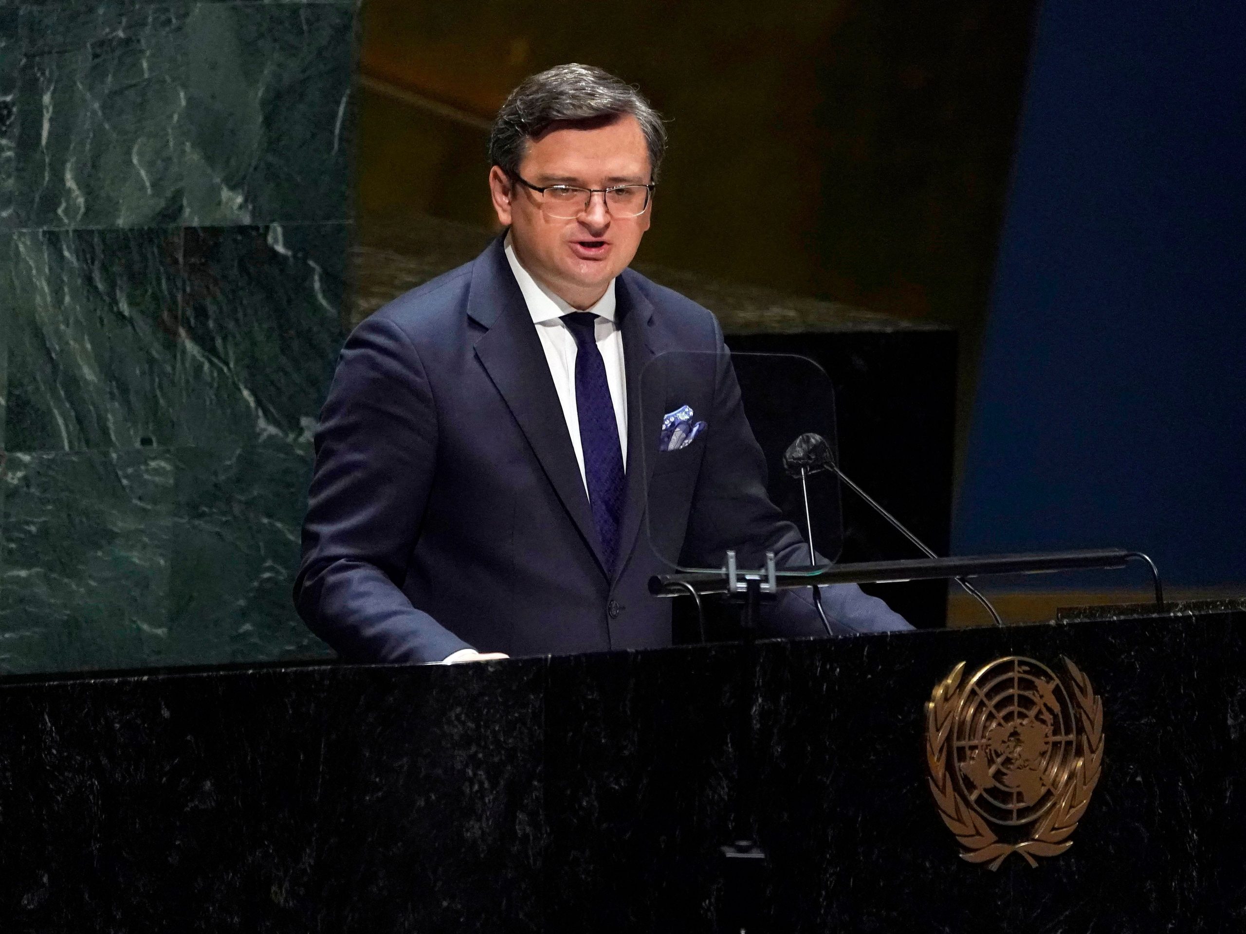 Ukrainian Foreign Minister Dmytro Kuleba speaks at the General Assembly 58th plenary meeting in New York on February 23, 2022, on the Russia-Ukraine conflict.