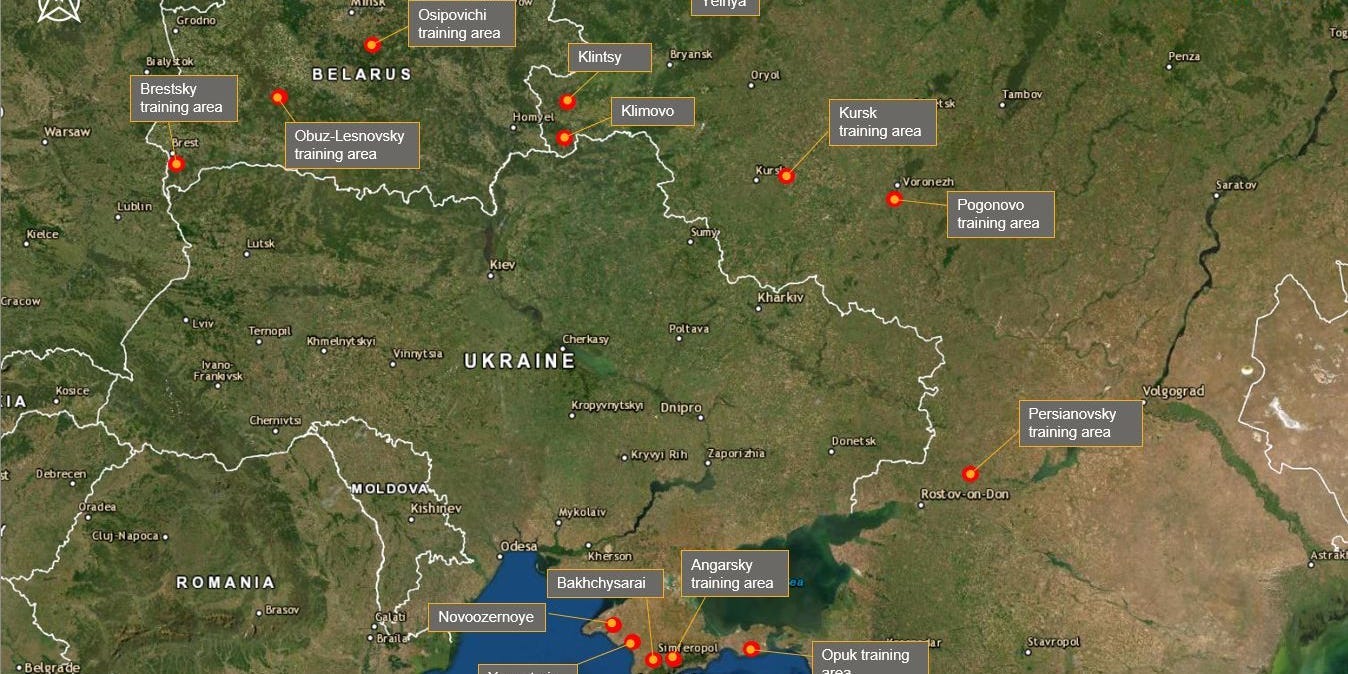 Map of locations around Ukraine where Russia has positioned its forces