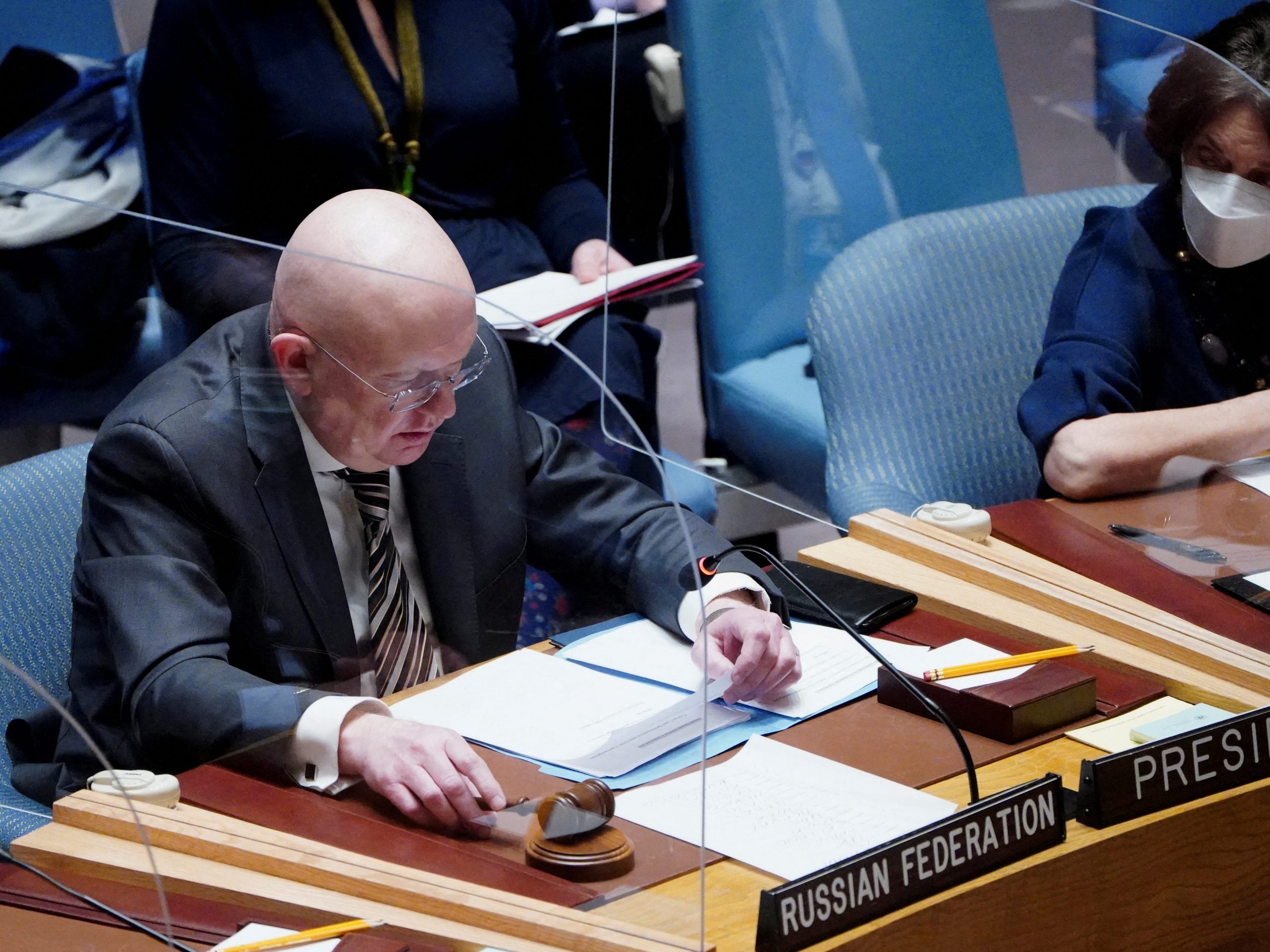 Russia's Ambassador to the United Nations Vassily Nebenzia attends the United Nations Security Council meeting to discuss the ongoing crisis in Ukraine with Russia, in New York City, U.S., February 23, 2022.