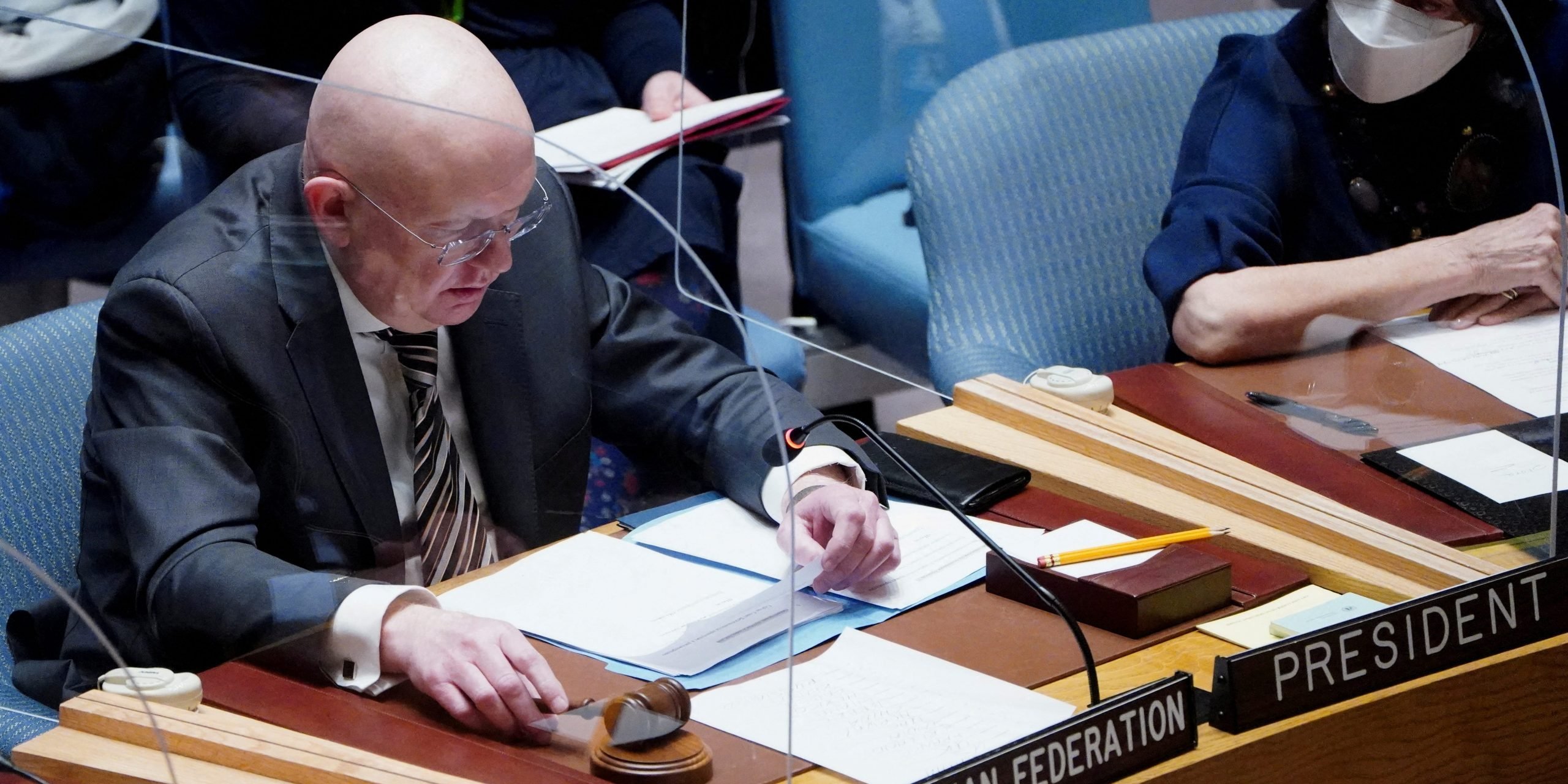 Russia's Ambassador to the United Nations Vassily Nebenzia attends the United Nations Security Council meeting to discuss the ongoing crisis in Ukraine with Russia, in New York City, U.S., February 23, 2022.