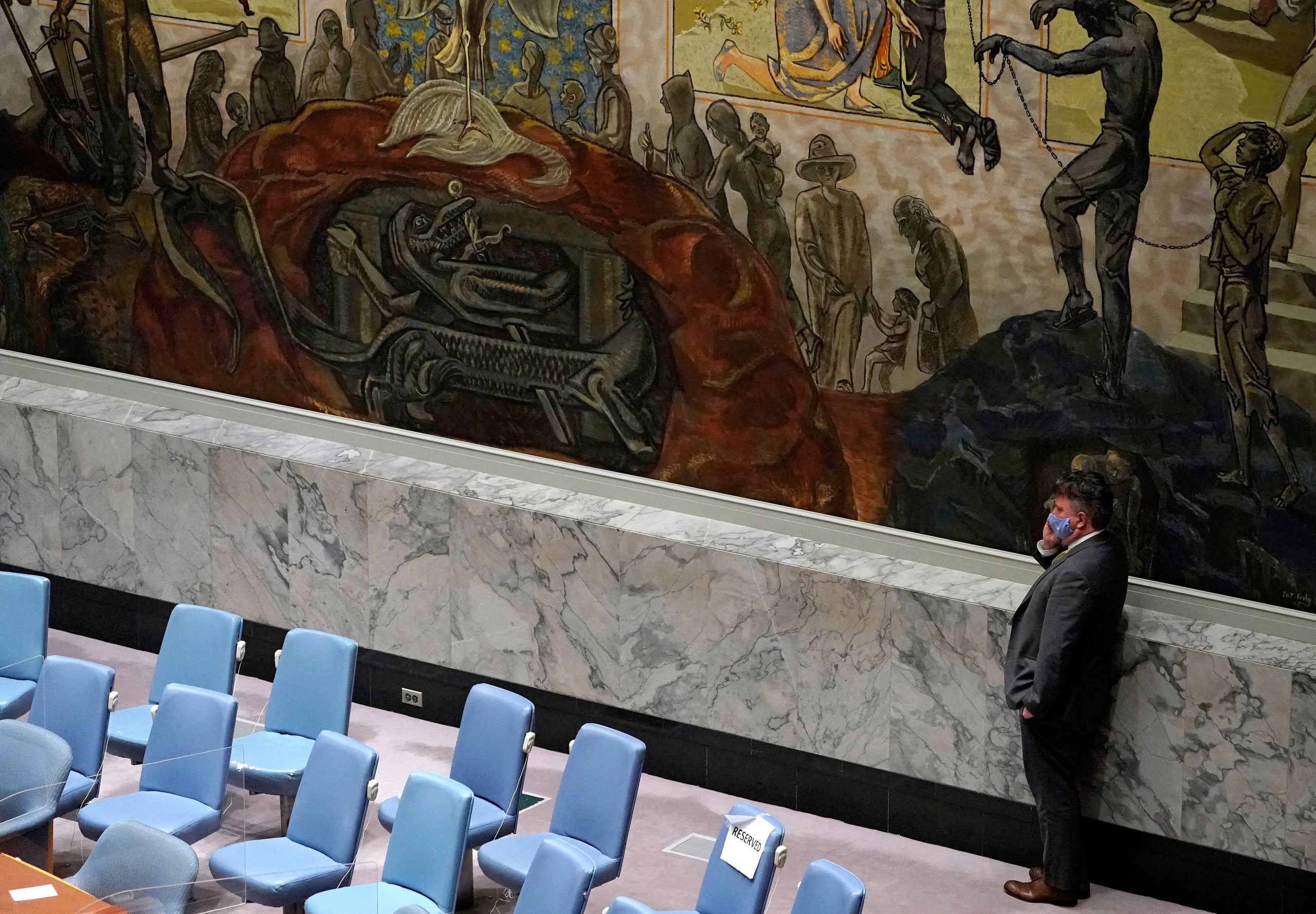 Ukraine Permanent Representative to the UN Sergiy Kyslytsya speaks on the phone after an emergency meeting of the UN Security Council on Ukraine in New York on Wednesday night.