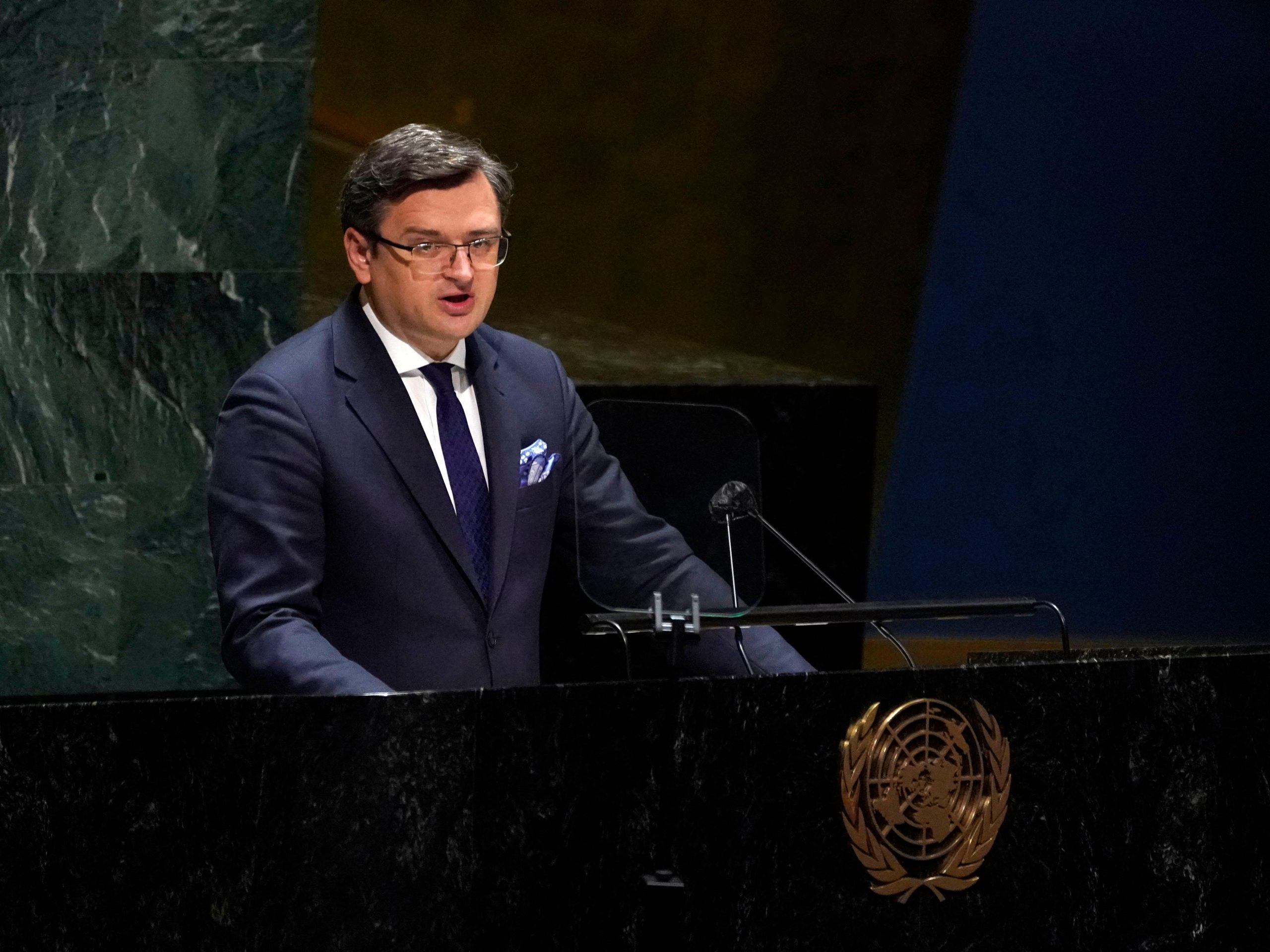 Ukrainian Foreign Minister Dmytro Kuleba speaks at the General Assembly 58th plenary meeting in New York on February 23, 2022, on the Russia-Ukraine conflict.