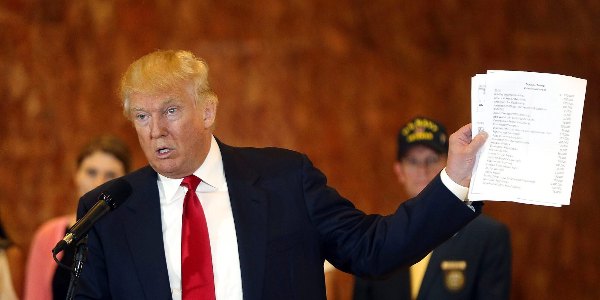 Trump holds up a sheet of paper with a list of donations to veterans groups at a press conference at Trump Tower on May 31, 2016.