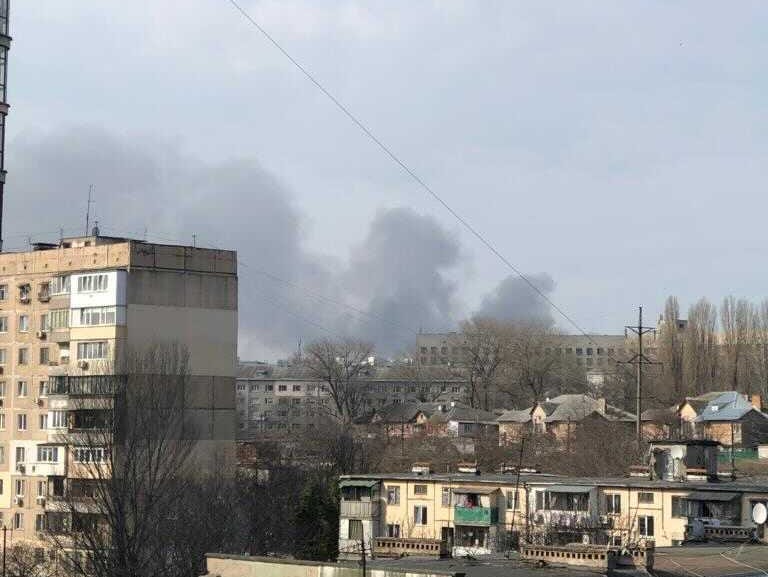 Black smoke is seen after an explosion in Odessa on Thursday morning, February 24, 2022.