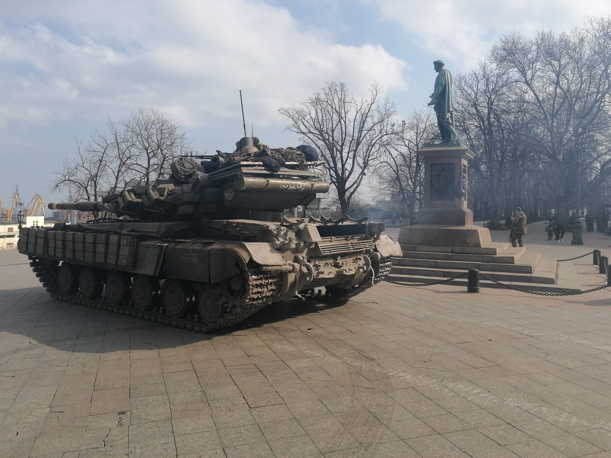 A Ukrainian military tank is seen near Potemkin Stairs in the centre of Odessa after Russia's military operation in Ukraine on February 24, 2022.