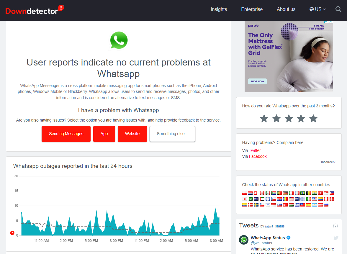 WhatsApp status page at DownDetector