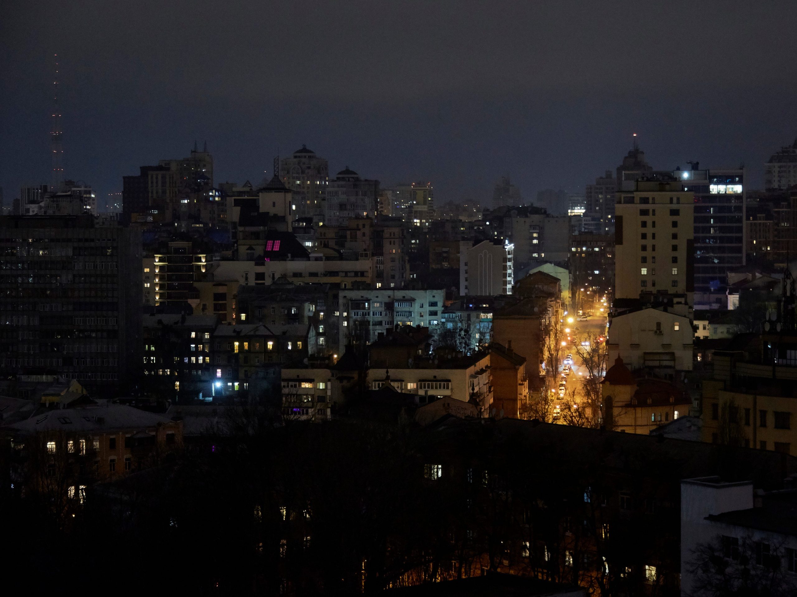 A night view of Kyiv as the Kyiv mayor declared a curfew from 10pm to 7am on February 24, 2022 in Kyiv, Ukraine.