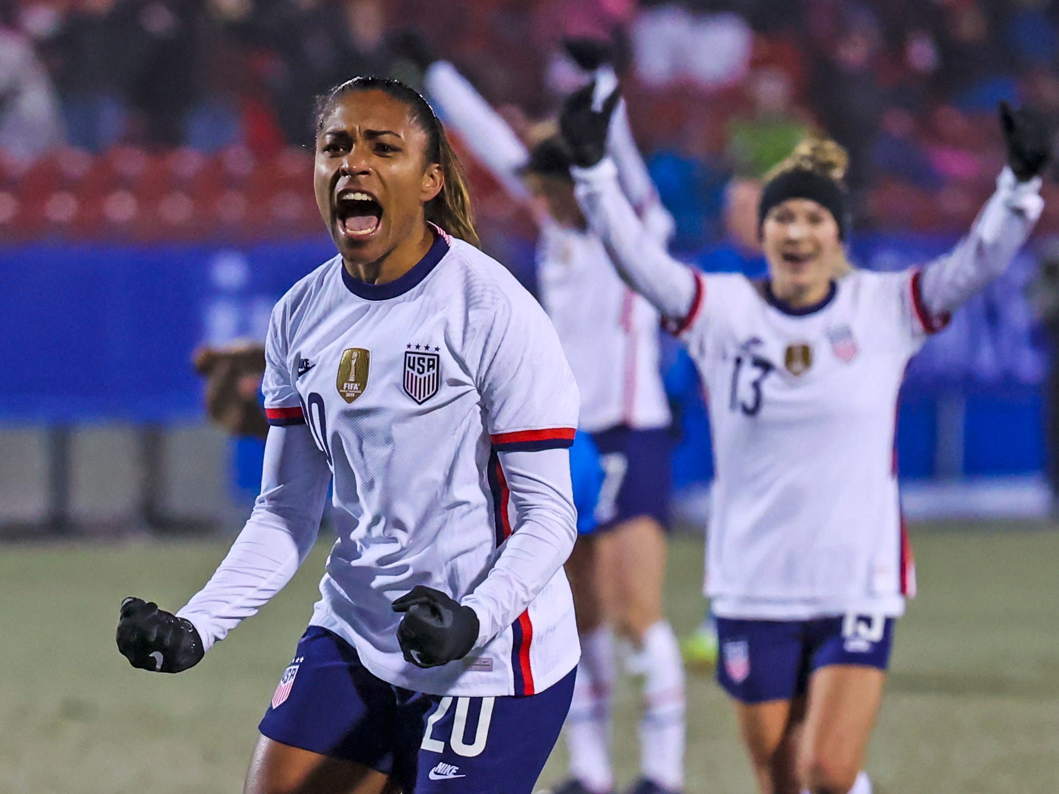 Catarina Macario celebrates scoring a goal.
