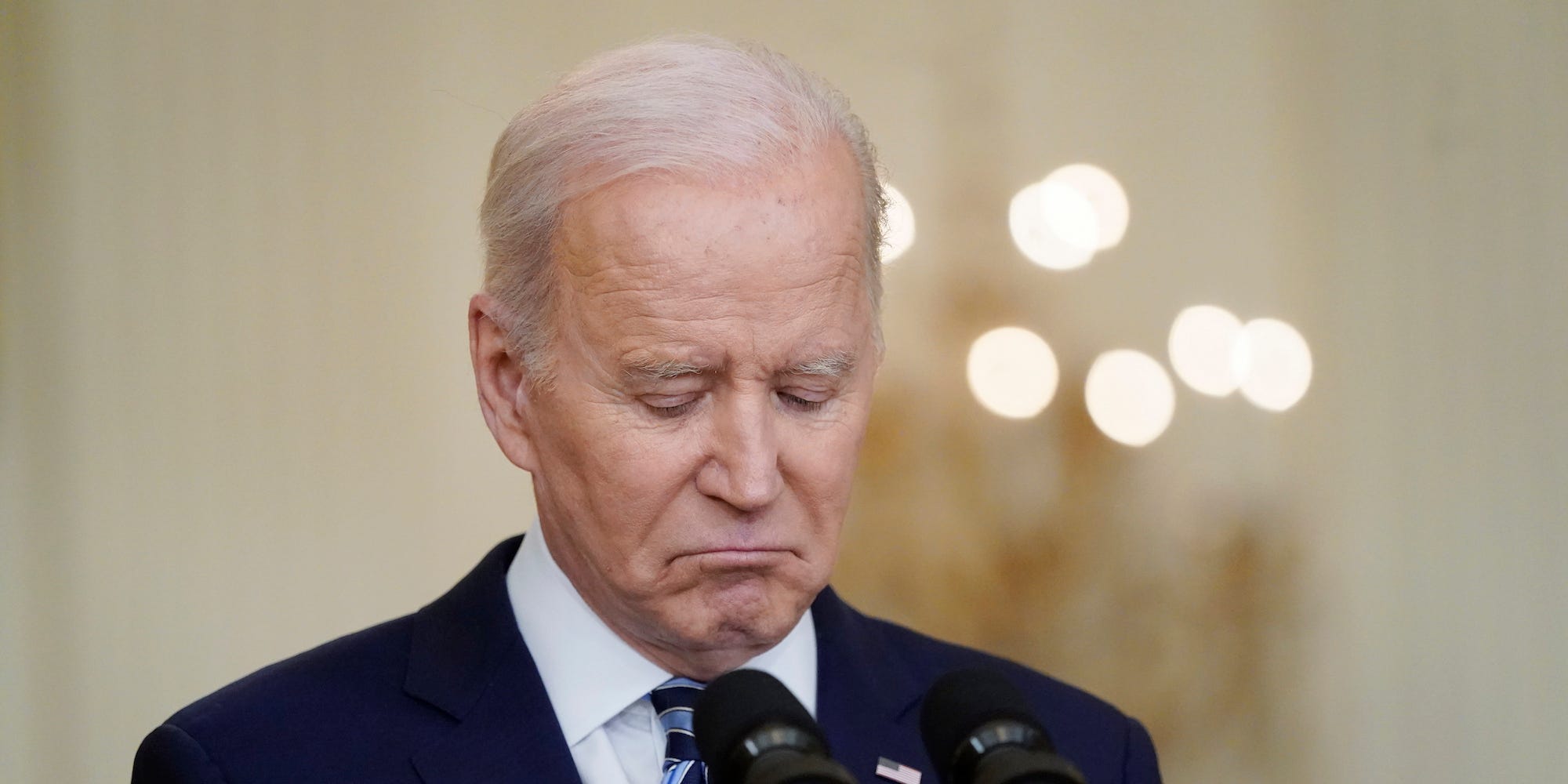 President Joe Biden listens to questions from reporters while speaking about the Russian invasion of Ukraine in the East Room of the White House, Thursday, Feb. 24, 2022, in Washington.