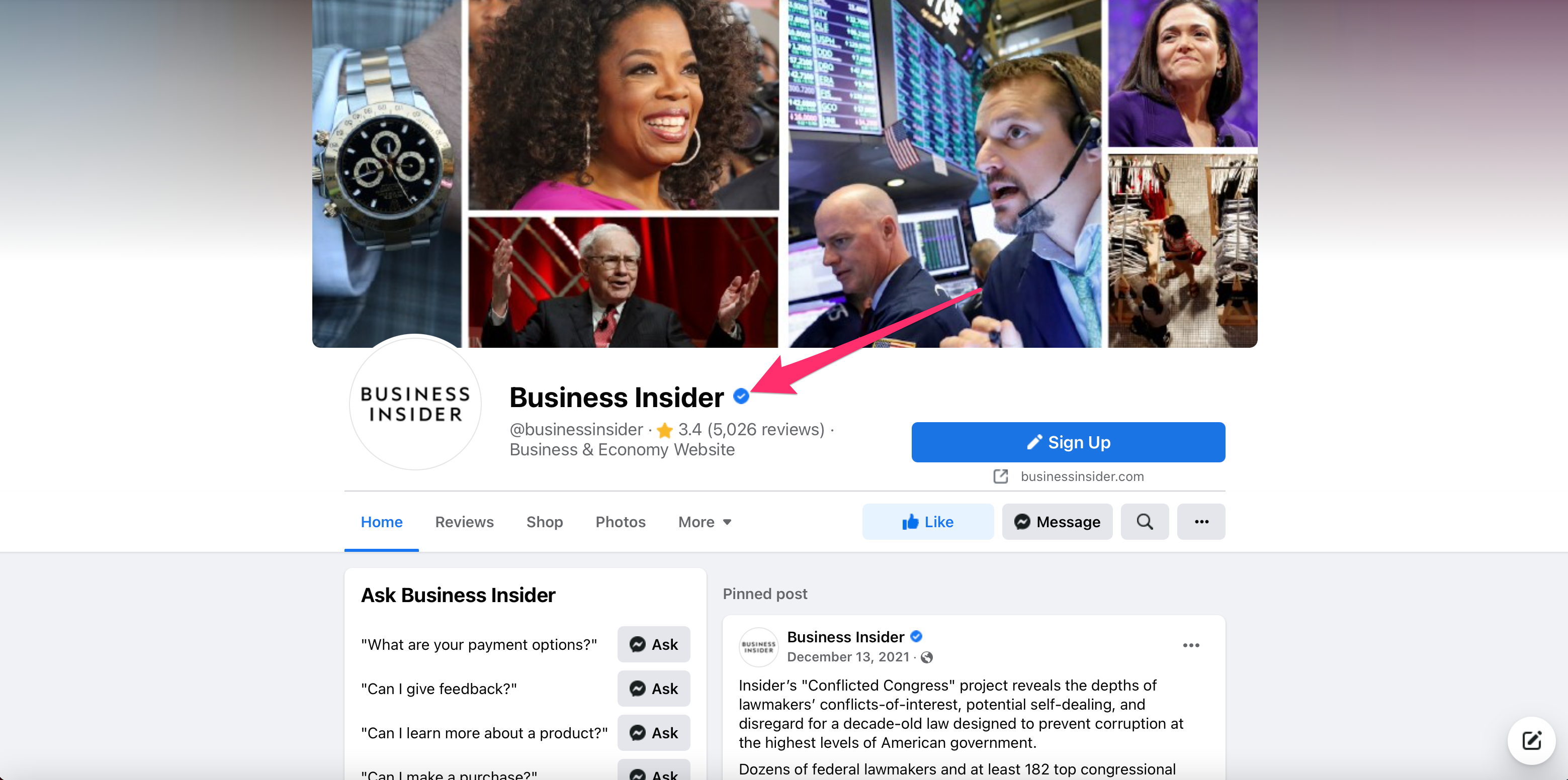 the Business Insider Facebook page with the blue verified badge pointed to with a red arrow.