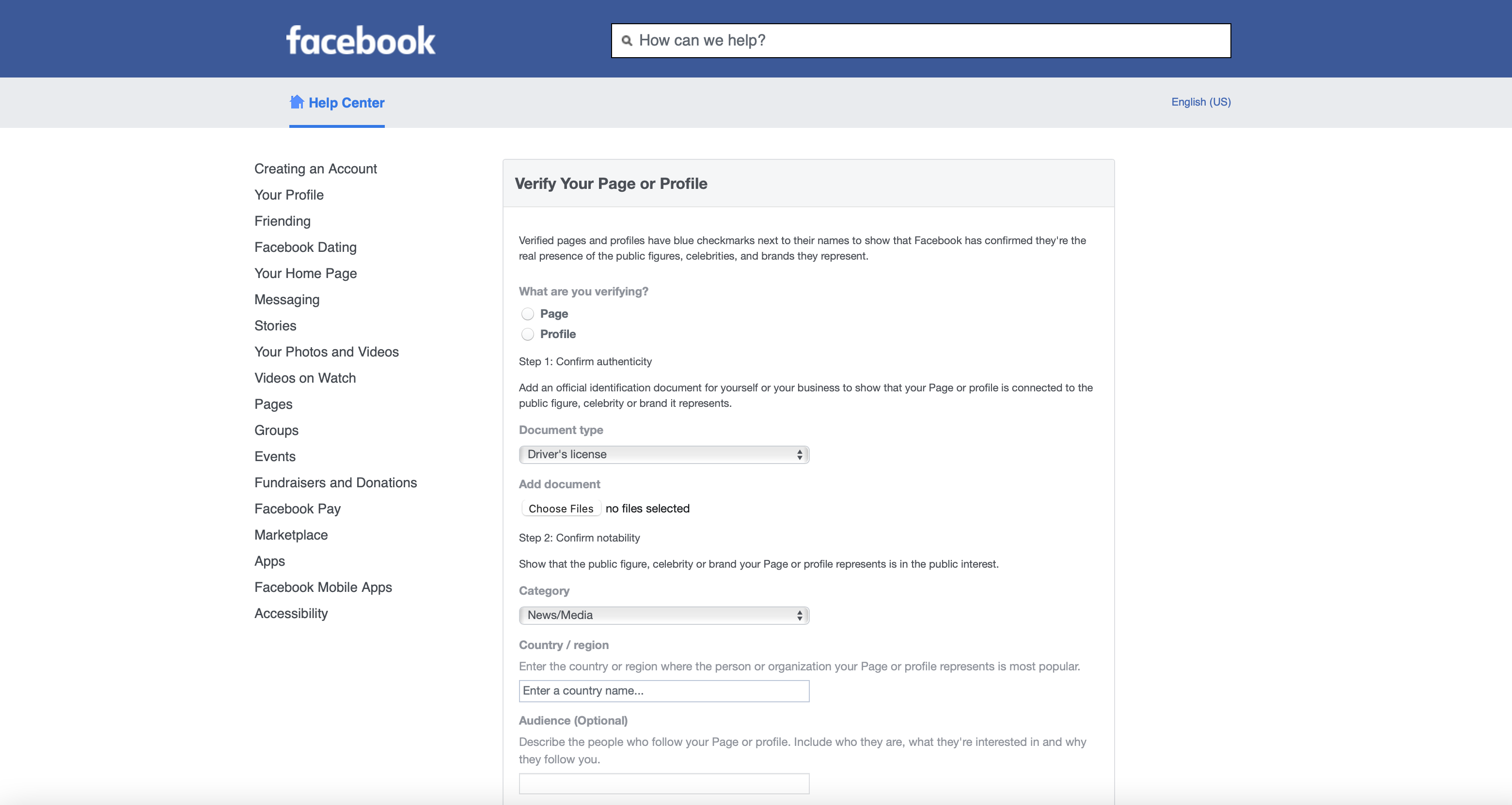 The Facebook verification application page.