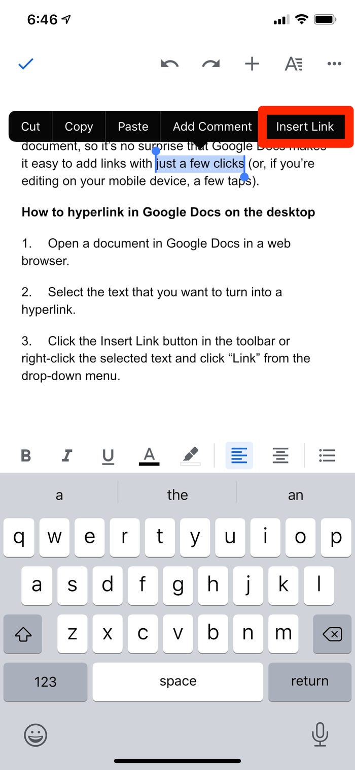 A Google Doc open on iPhone with the Insert Link option highlighted.