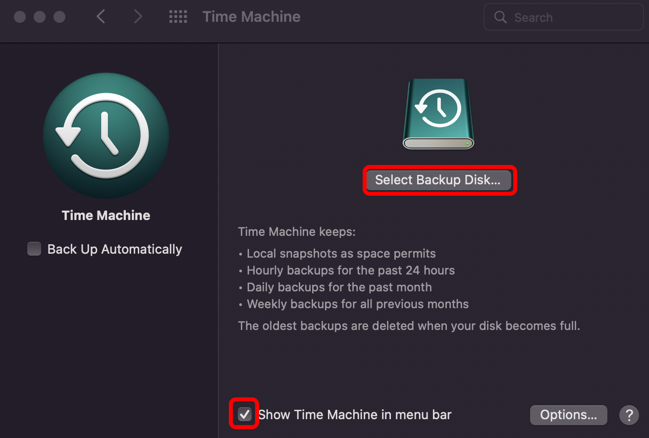 Time Machine window, with "Show Time machine in menu bar" checkbox and "Select Backup" button highlighted.