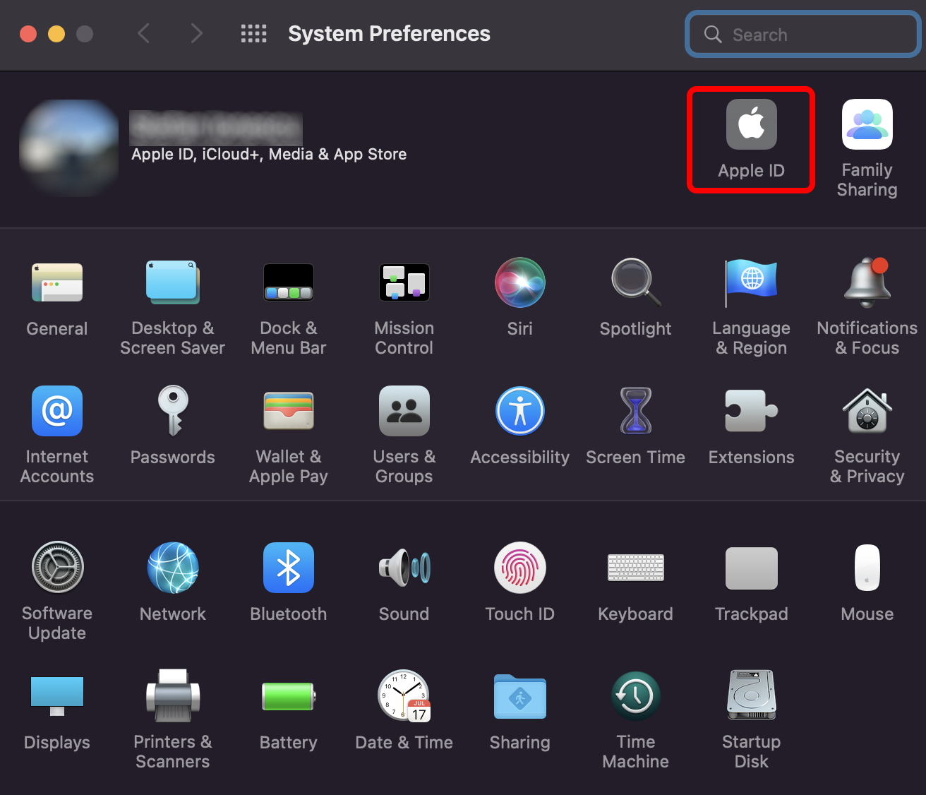 System Preferences windows, with the "Apple ID" highlighted.