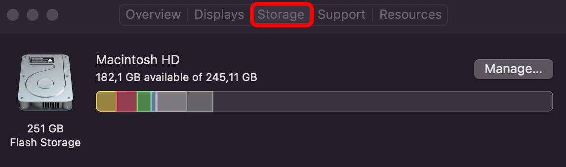 Mac Storage tab with "Storage" on the left pane and "Capacity" on the right pane highlighted.