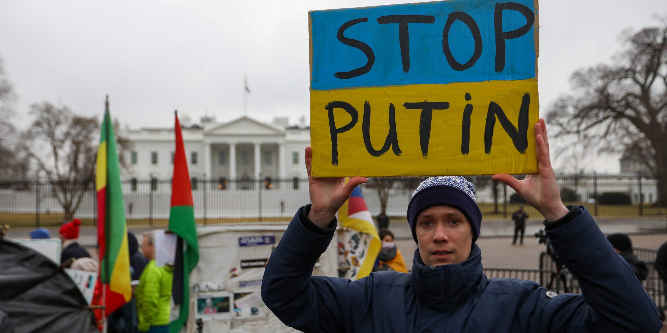 Protester holds sign saying "Stop Putin"