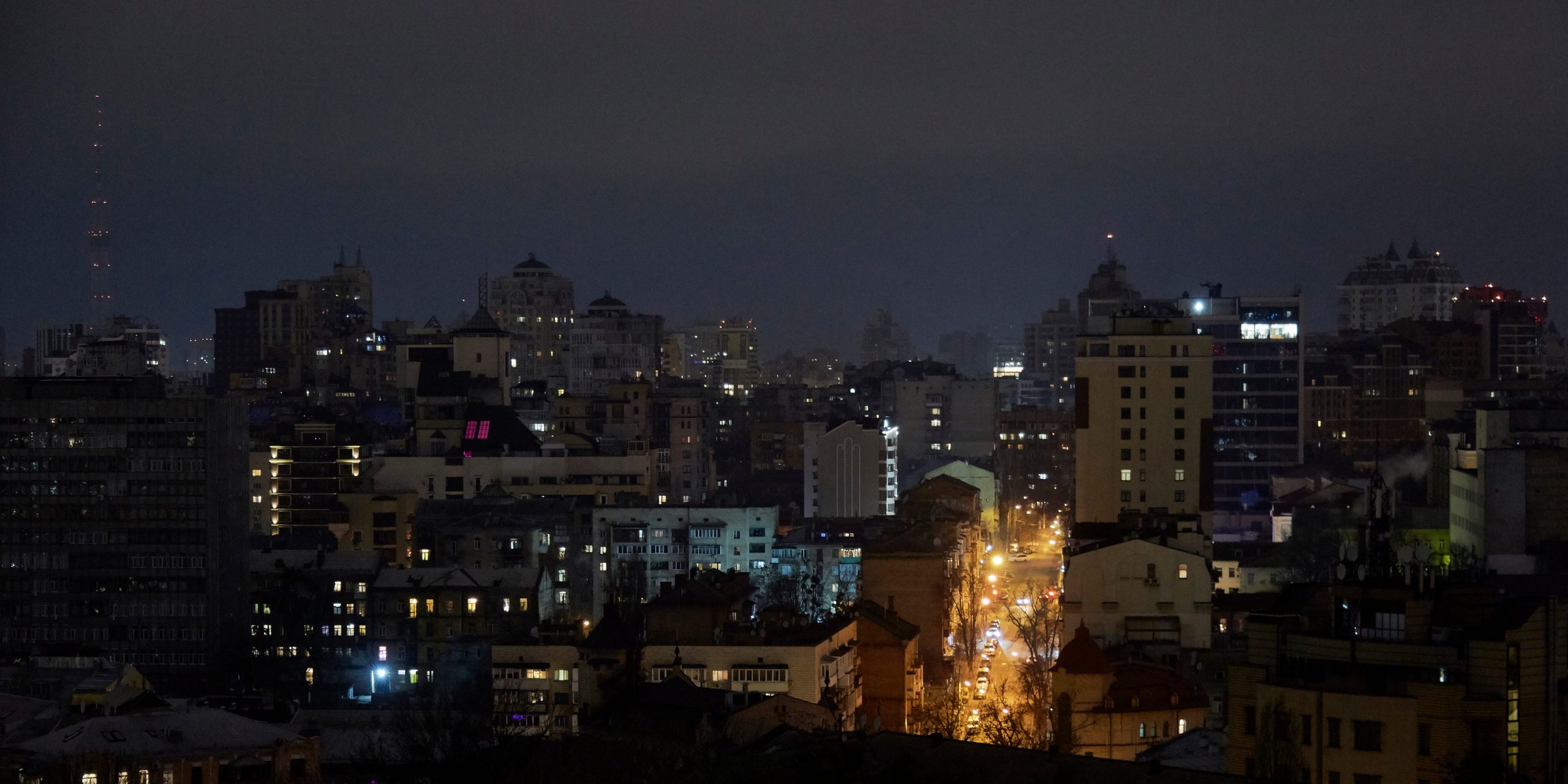 A night view of Kyiv as the Kyiv mayor declared a curfew from 10pm to 7am on February 24, 2022 in Kyiv, Ukraine.