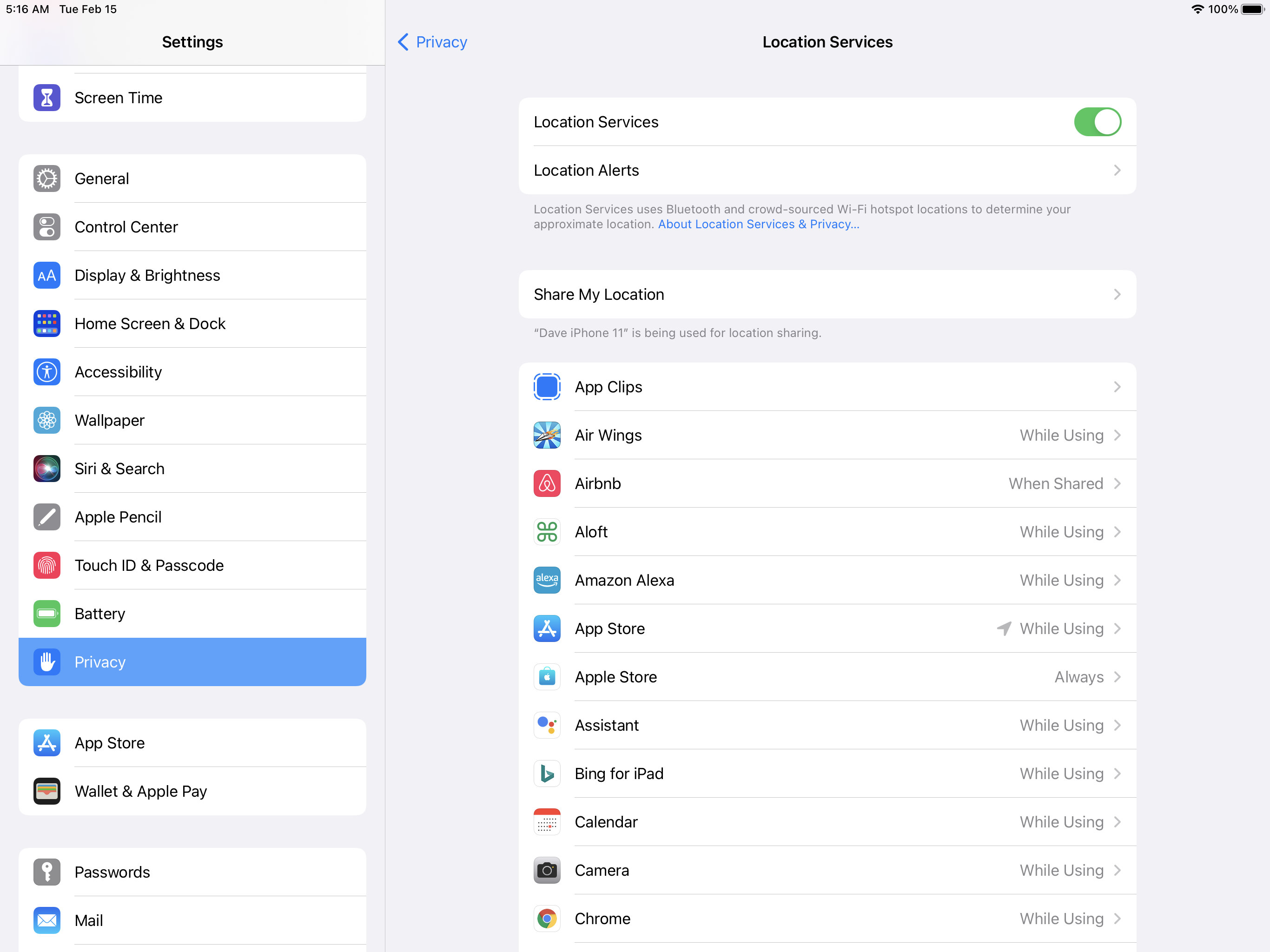 Settings on iPad