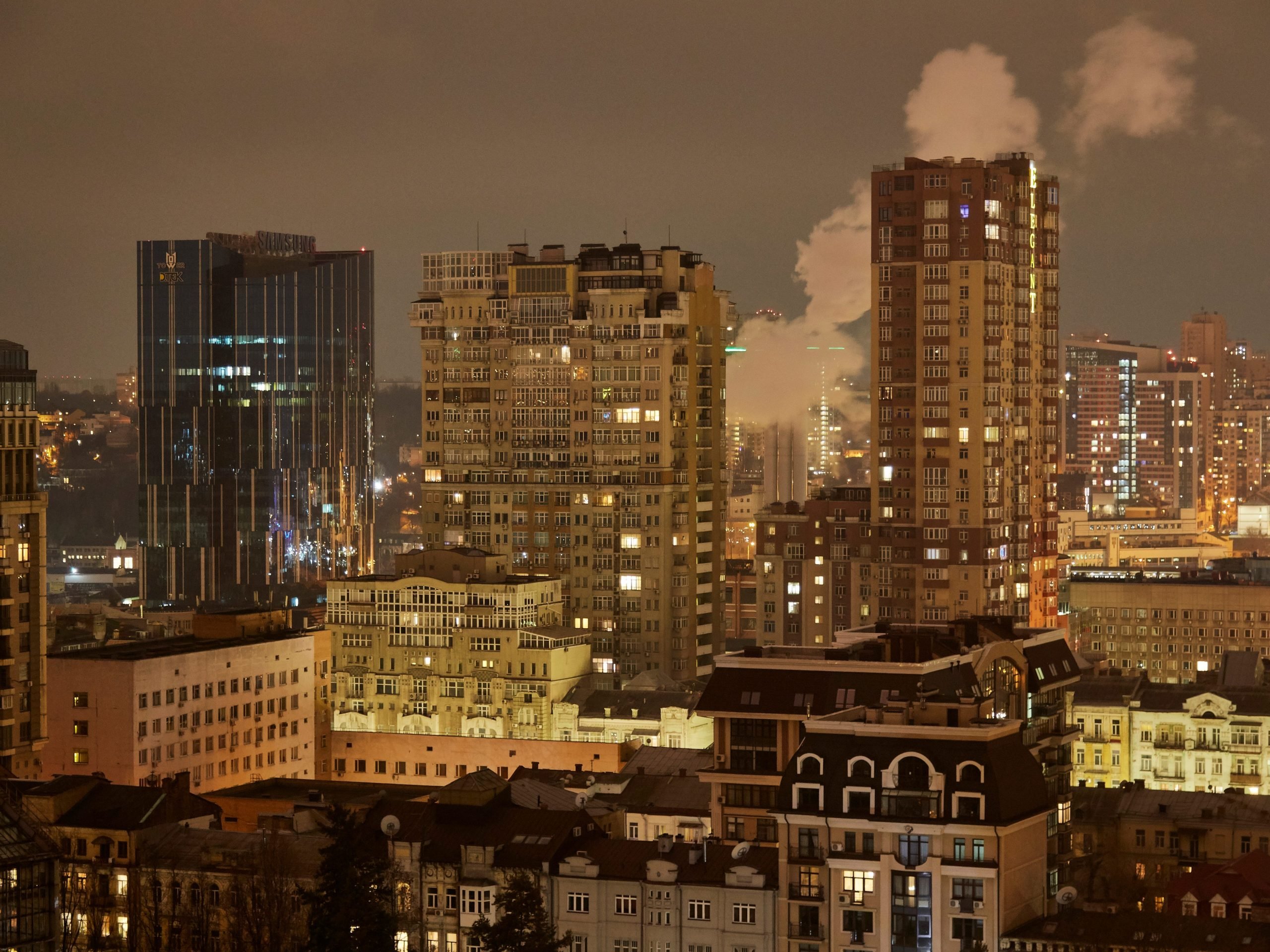 A night view of Kyiv as the Kyiv mayor declared a curfew from 10pm to 7am on February 24, 2022 in Kyiv, Ukraine. Overnight, Russia began a large-scale attack on Ukraine, with explosions reported in multiple cities and far outside the restive eastern regions held by Russian-backed rebels.