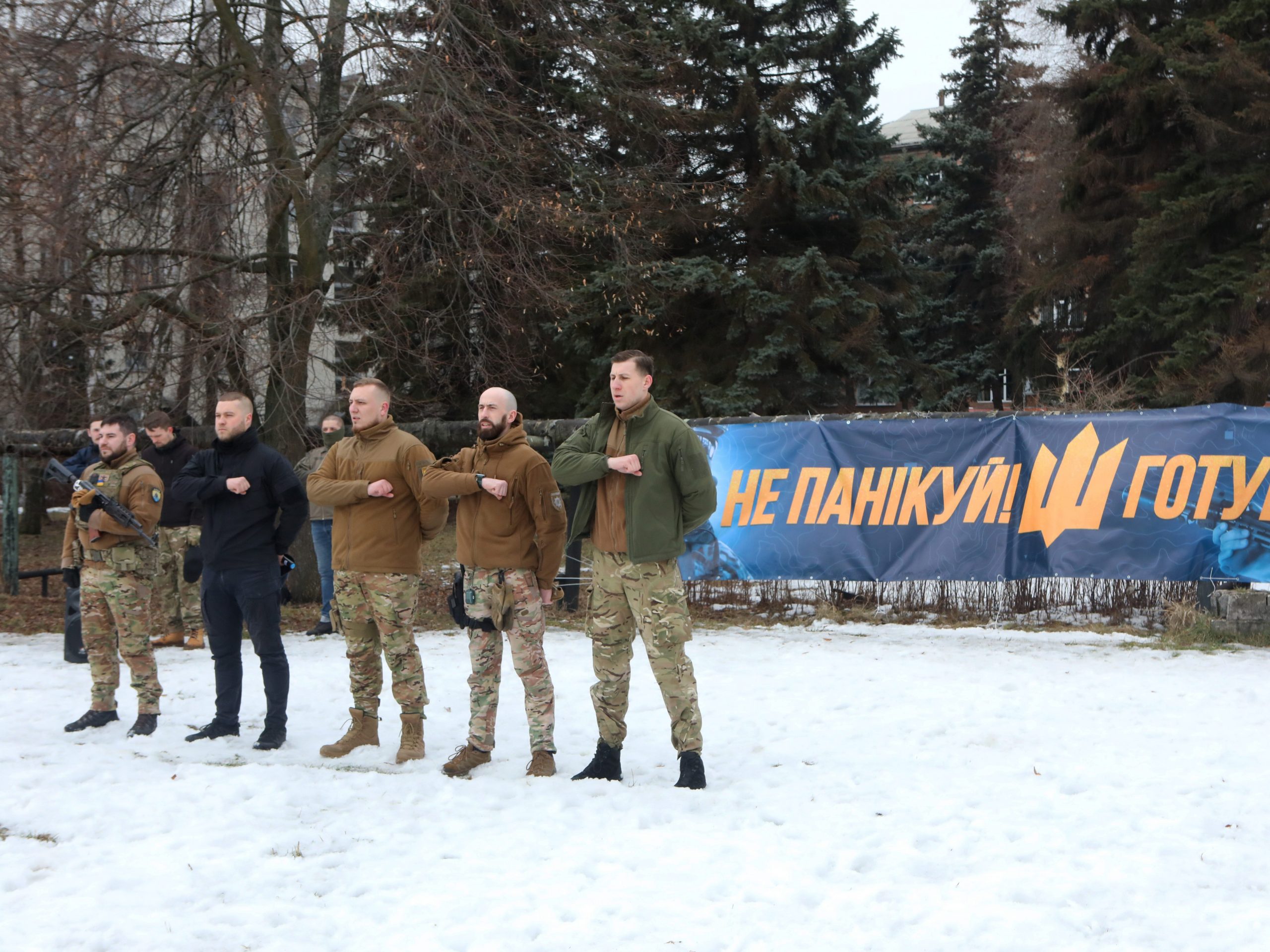 Azov Regiment veterans hold the territorial defence drill for civilians under the slogan "Don't Panic! Get Ready!", Kharkiv, northeastern Ukraine.