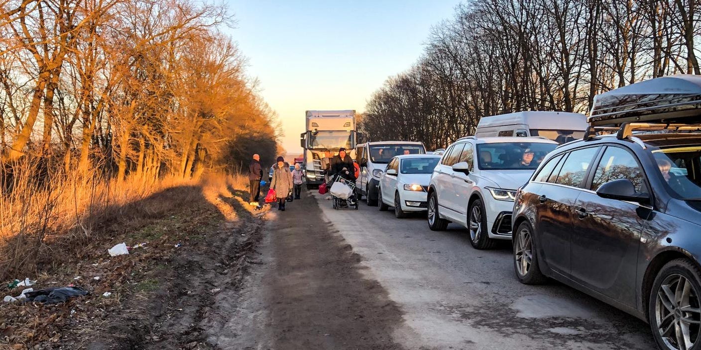 Cars line the road near the Ukraine-Poland border as people try and escape the Russian invasion