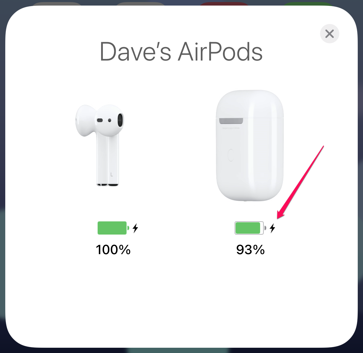 AirPods status screen on iPhone