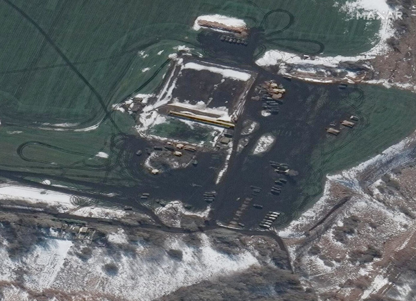 russian forces deployed outside Belgorod, Russia, seen on a satellite image