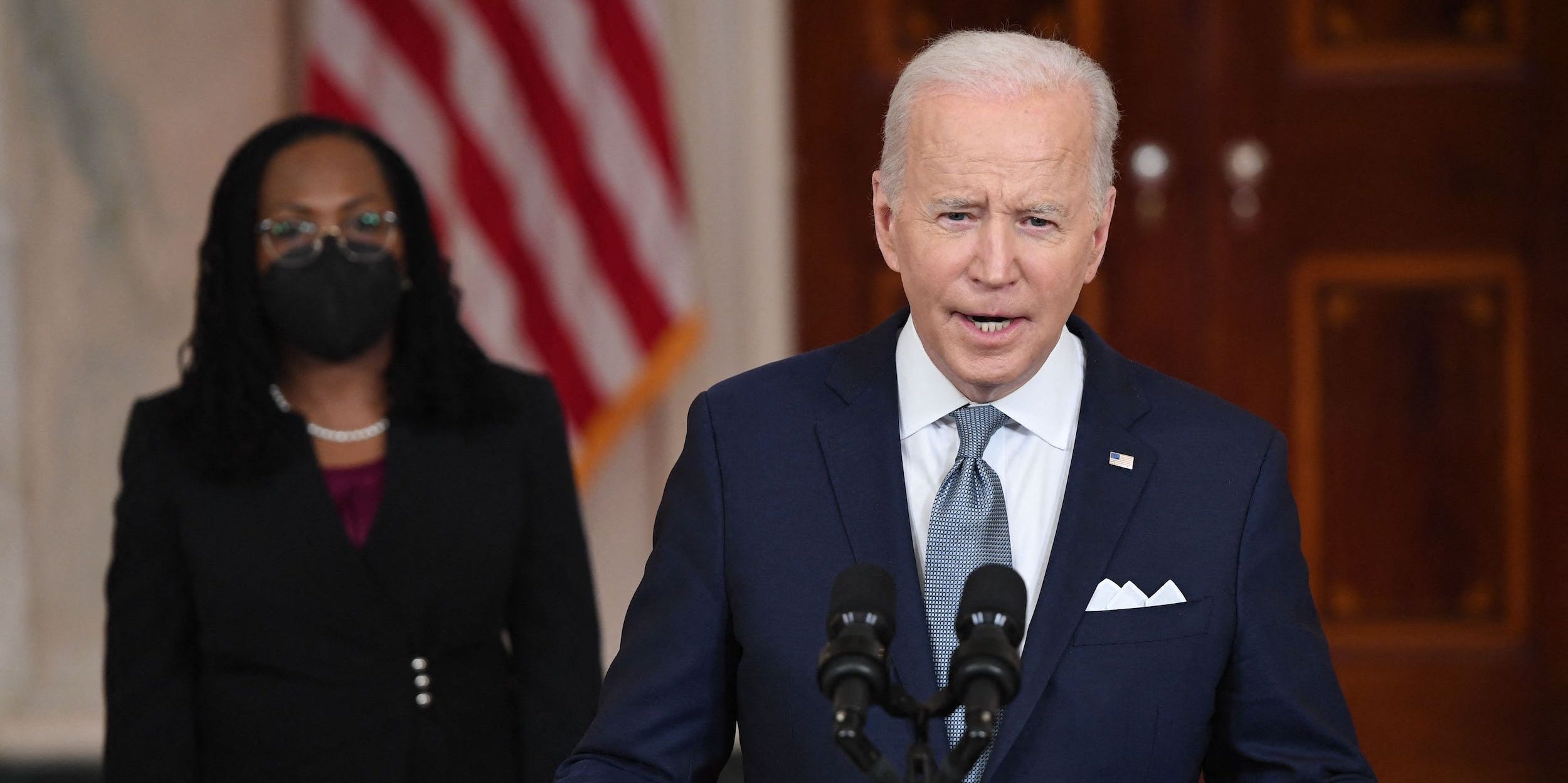 US President Joe Biden announces Judge Ketanji Brown Jackson as his nominee for Associate Justice of the US Supreme Court in the Cross Hall of the White House in Washington, DC