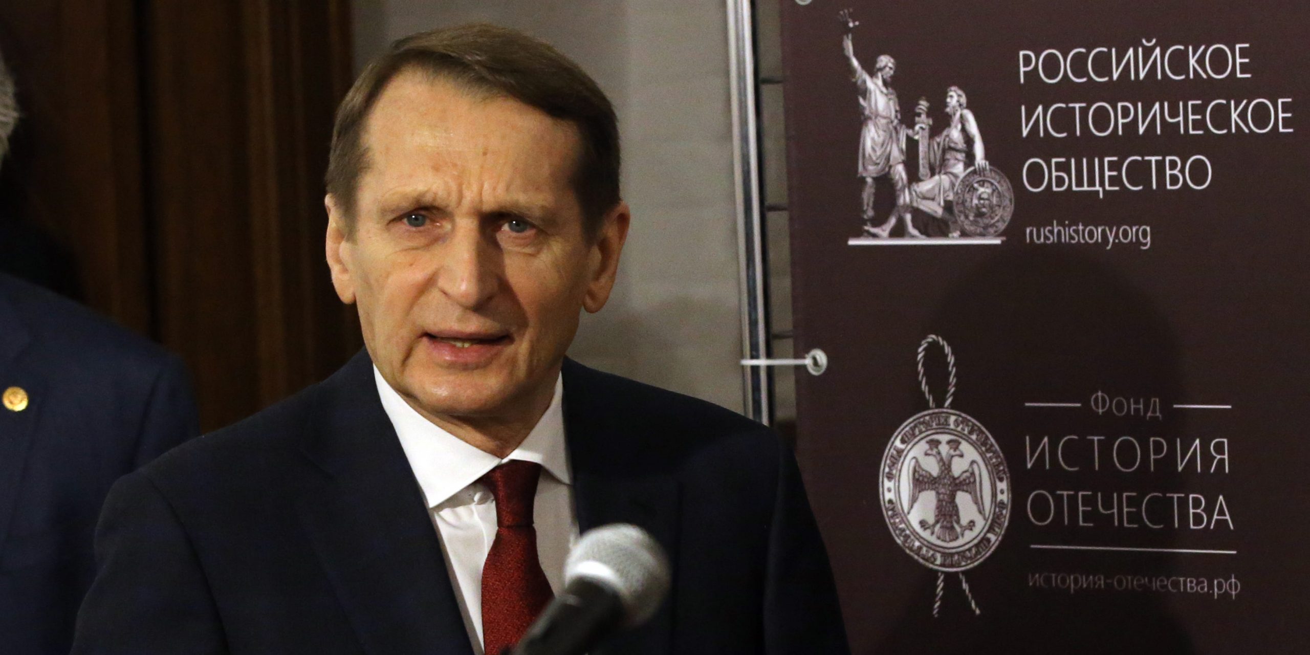 Russian Foreign Intelligence Service (SVR) Director Sergei Naryshkin is seen while opening of the exhibition on violations of human rights in Ukraine (2017-2020), on January 18, 2022 in Moscow, Russia.