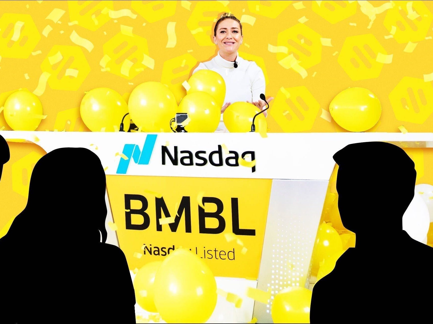 Bumble founder Whitney Wolfe Herd stands behind a table with the company stock ticker in an illustration that shows silhouettes in front of her.