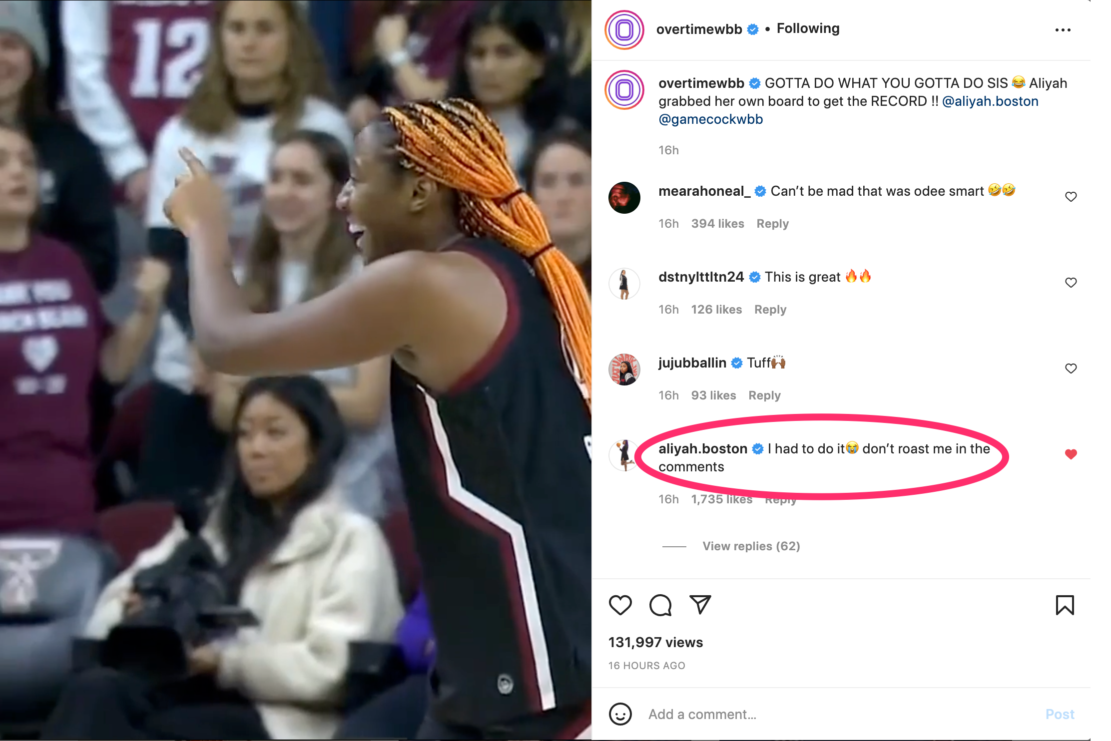 Aliyah Boston comments on an OvertimeWBB Instagram post.