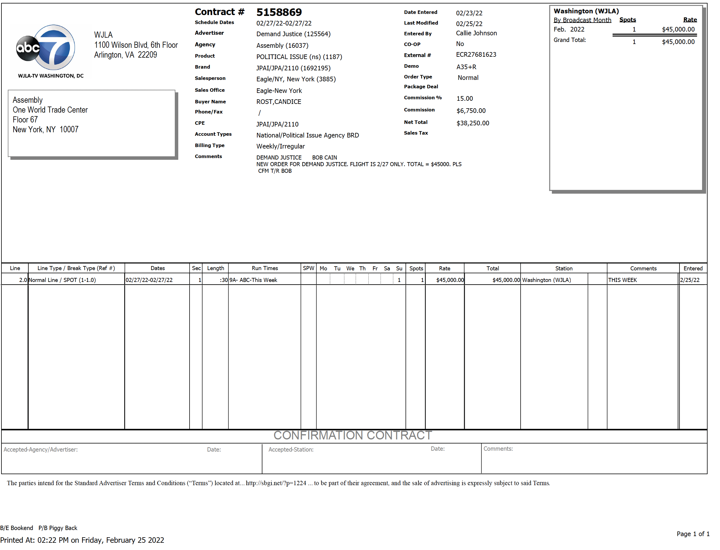 Demand Justice ad buy document