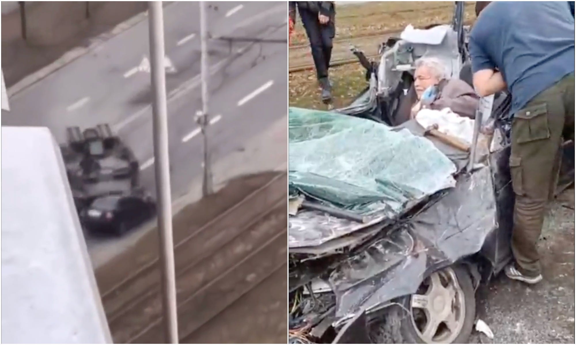 An elderly Ukrainian man appears to have been rescued after a video seemed to show a Russian tank running over his car.