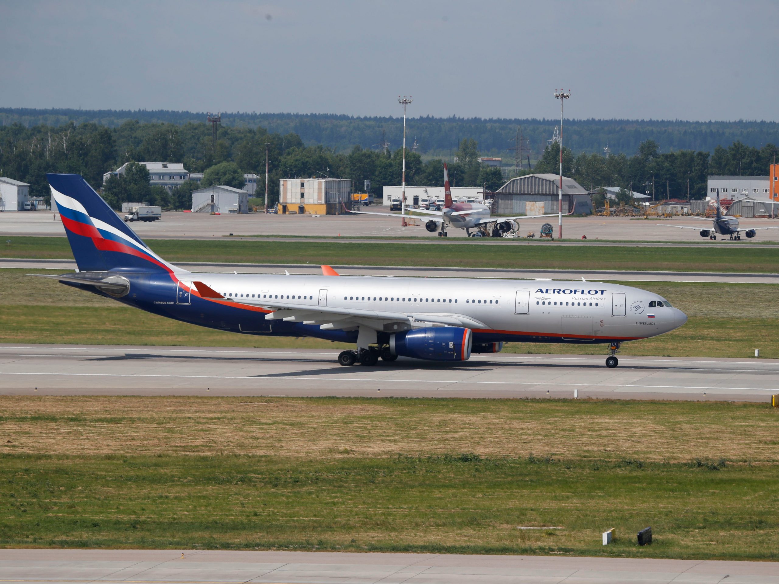 The Aeroflot Airbus A330 plane taxies out at Sheremetyevo airport, Moscow.