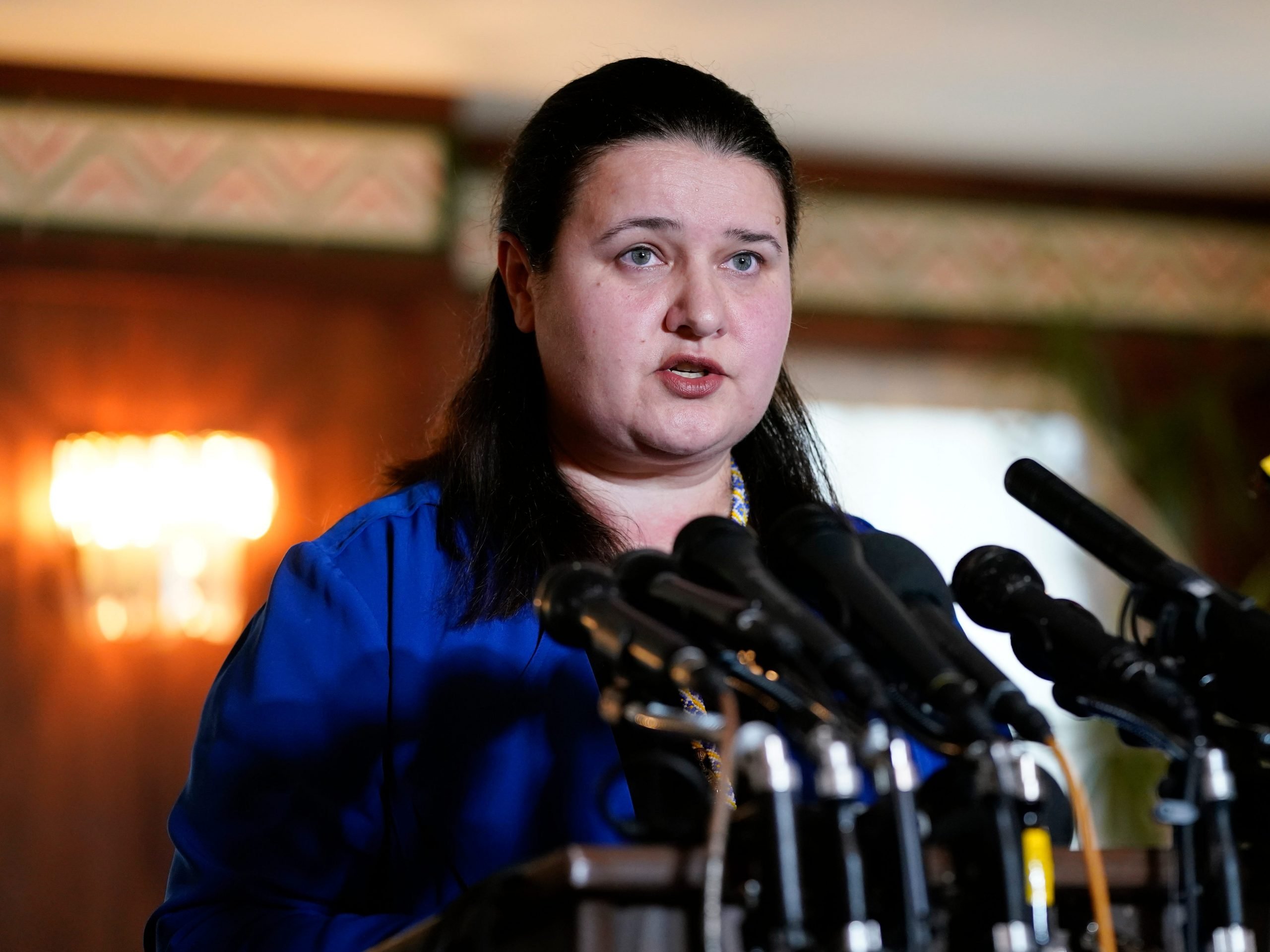 Ukraine's Ambassador to the United States Oksana Markarova speaks during a news conference at the Embassy of Ukraine in Washington, Thursday, Feb. 24, 2022.