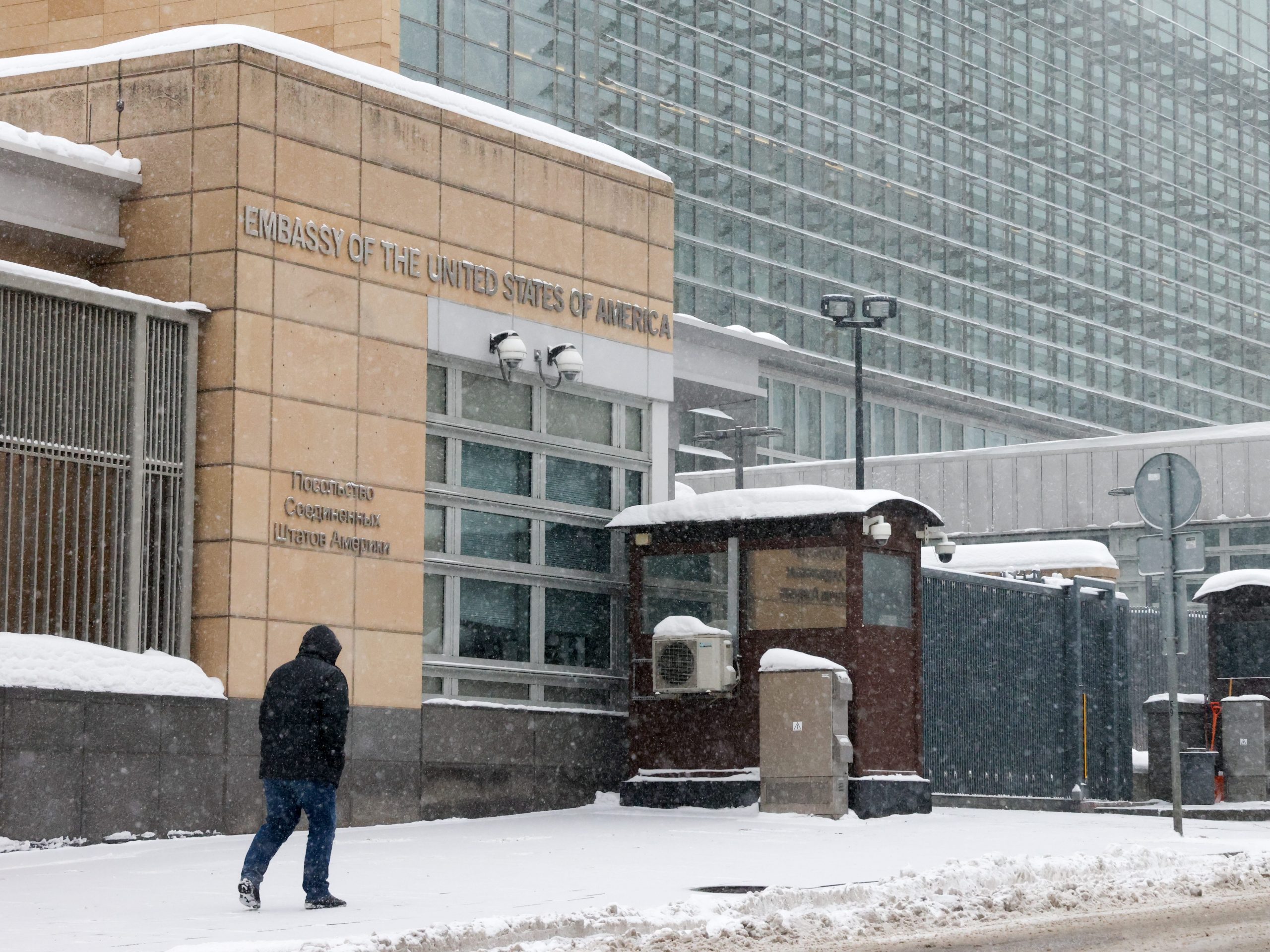 view of the US Embassy on Novinsky Boulevard on the day Russia's Foreign Minister Sergei Lavrov and US Secretary of State Antony Blinken are scheduled to meet for security talks in Geneva.