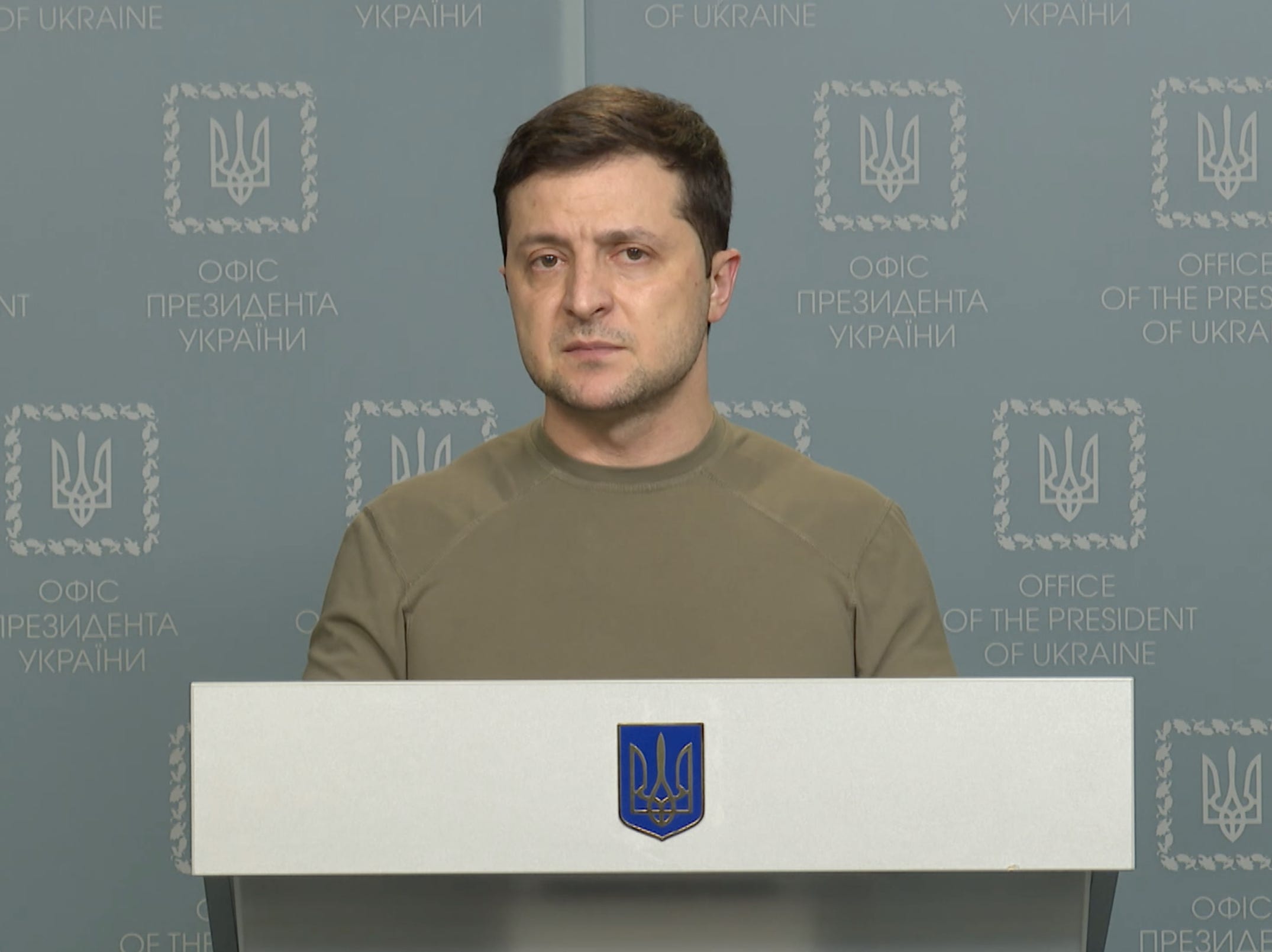 Ukrainian President Volodymyr Zelenskyy holds a press conference in regard of Russia's attack on Ukraine in Kiev, Ukraine on February 24, 2022.