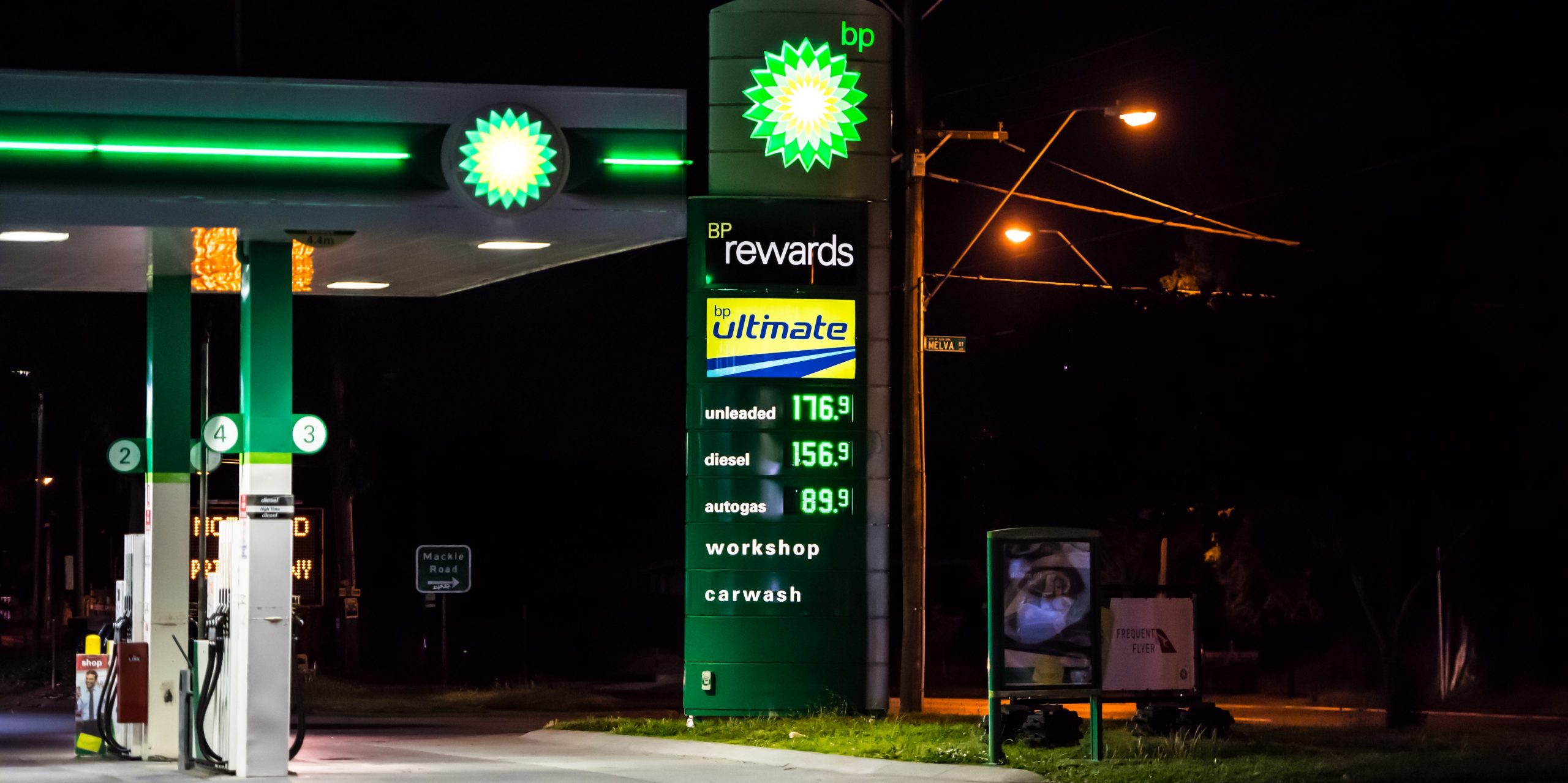BP petrol station in Australia at night