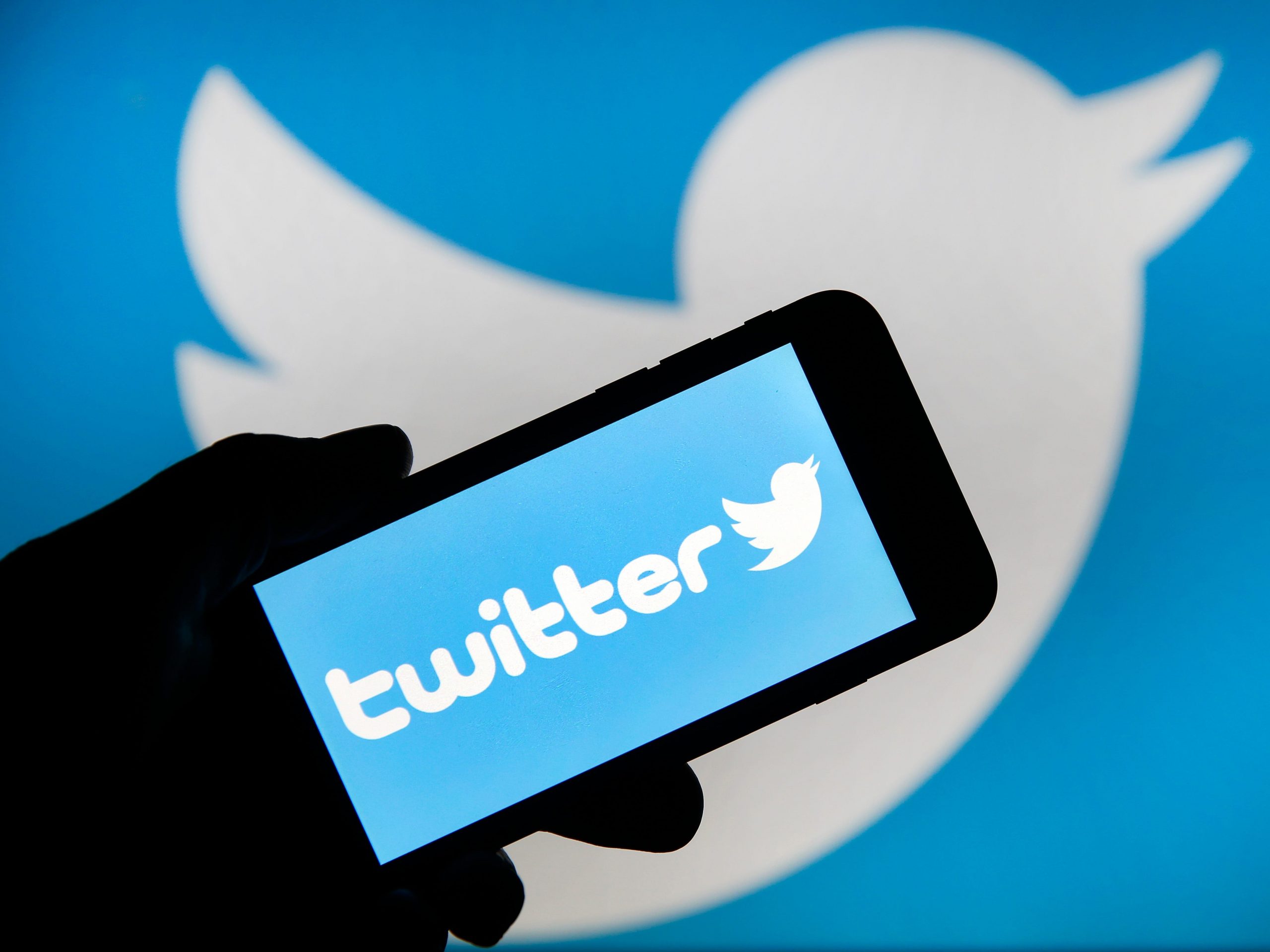 A smartphone with the Twitter logo being held in front of the Twitter bird icon.