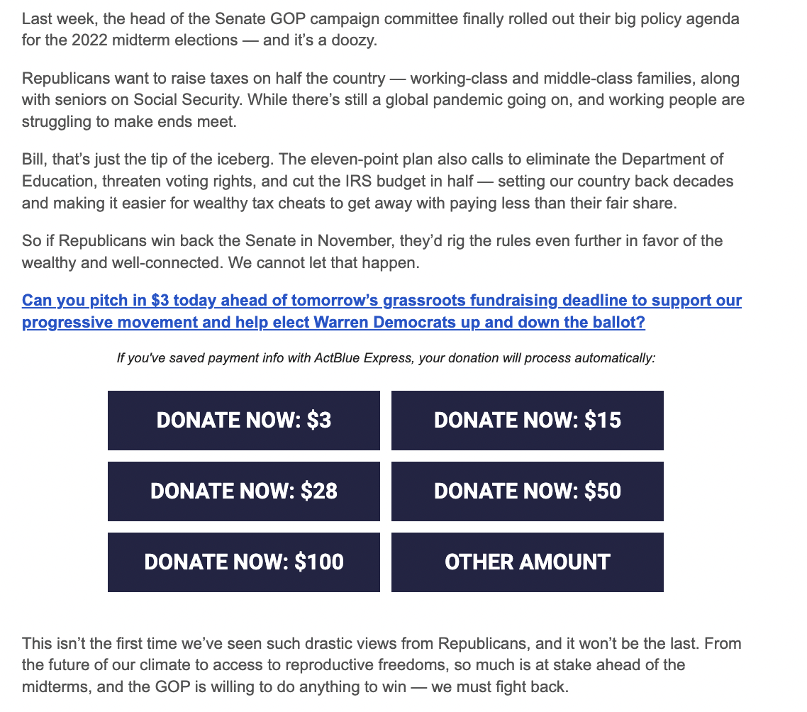A snapshot of a campaign email from Democratic Sen. Elizabeth Warren of Massachusetts requesting campaign contributions to help combat GOP Sen. Rick Scott's latest policy proposals.