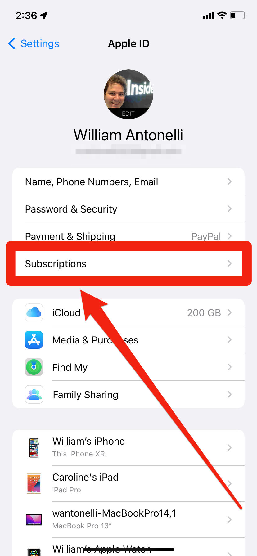 The Apple ID menu on an iPhone. The Subscriptions option is highlighted.
