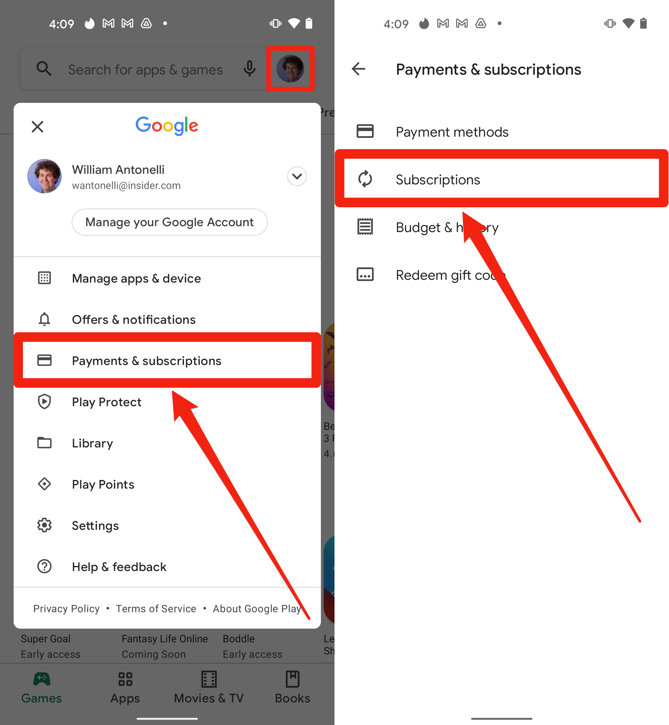 Showing how to find your Subscriptions in the Google Play Store.