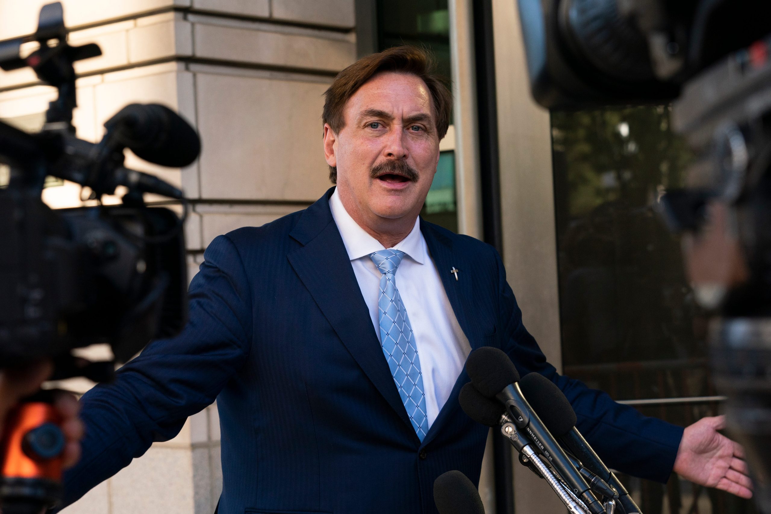 MyPillow chief executive Mike Lindell, speaks to reporters outside federal court in Washington, Thursday, June 24, 2021.