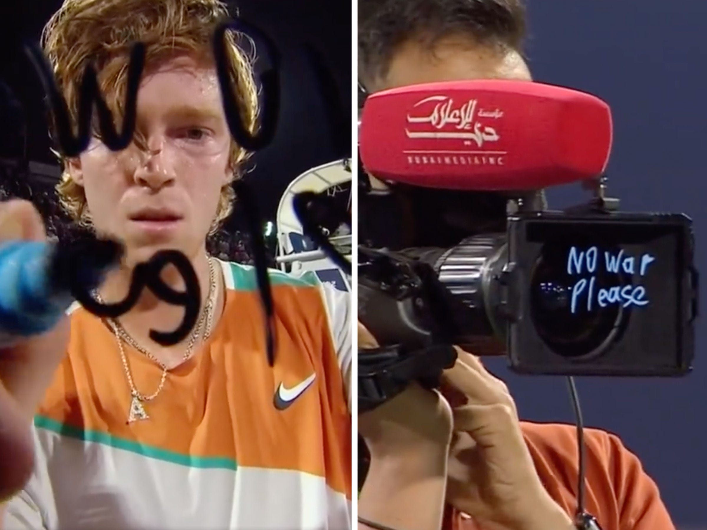 Andrey Rublev pens an anti-war message on the camera lens at the Dubai Tennis Championships.